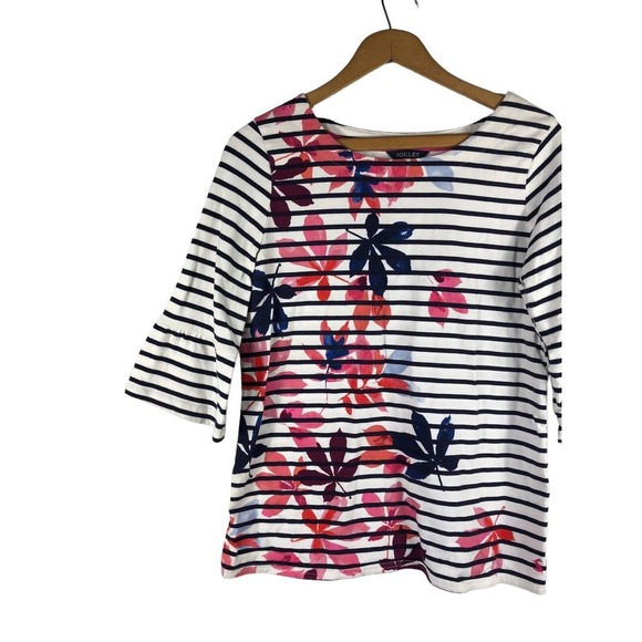 Joules Shirt Knit Top US 8 / UK 12 Stripe 3/4 Sleeve Floral White Blue Pink - Picture 3 of 9
